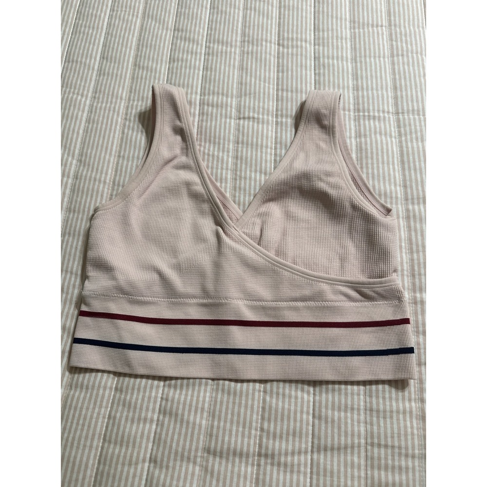 Zyia Active Waffle Knit Wrap Front Sports Bra Blush Pink Striped Band Small